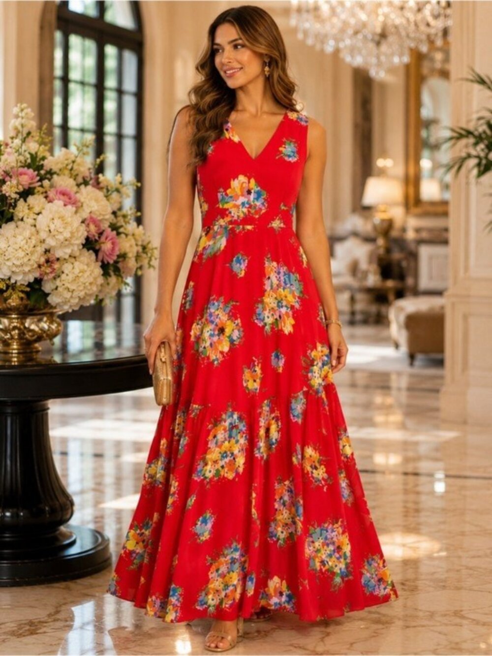 Lauren Ralph Lauren Bright Hibiscus Floral Georgette Maxi Dress Size 10 NWT